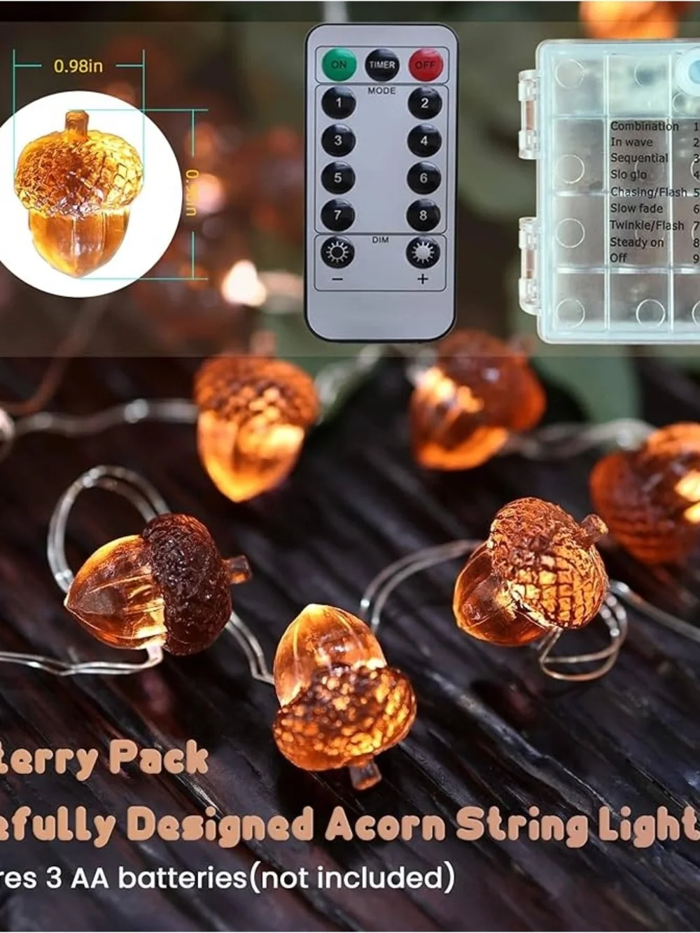 10 ft Autumn Acorn String Lights - Warm Amber Holiday Decor